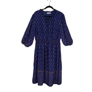 Lapogee Midi Dress Womens Boho 3X Blue Gold Teal Print Elastic Waist Tie Neck